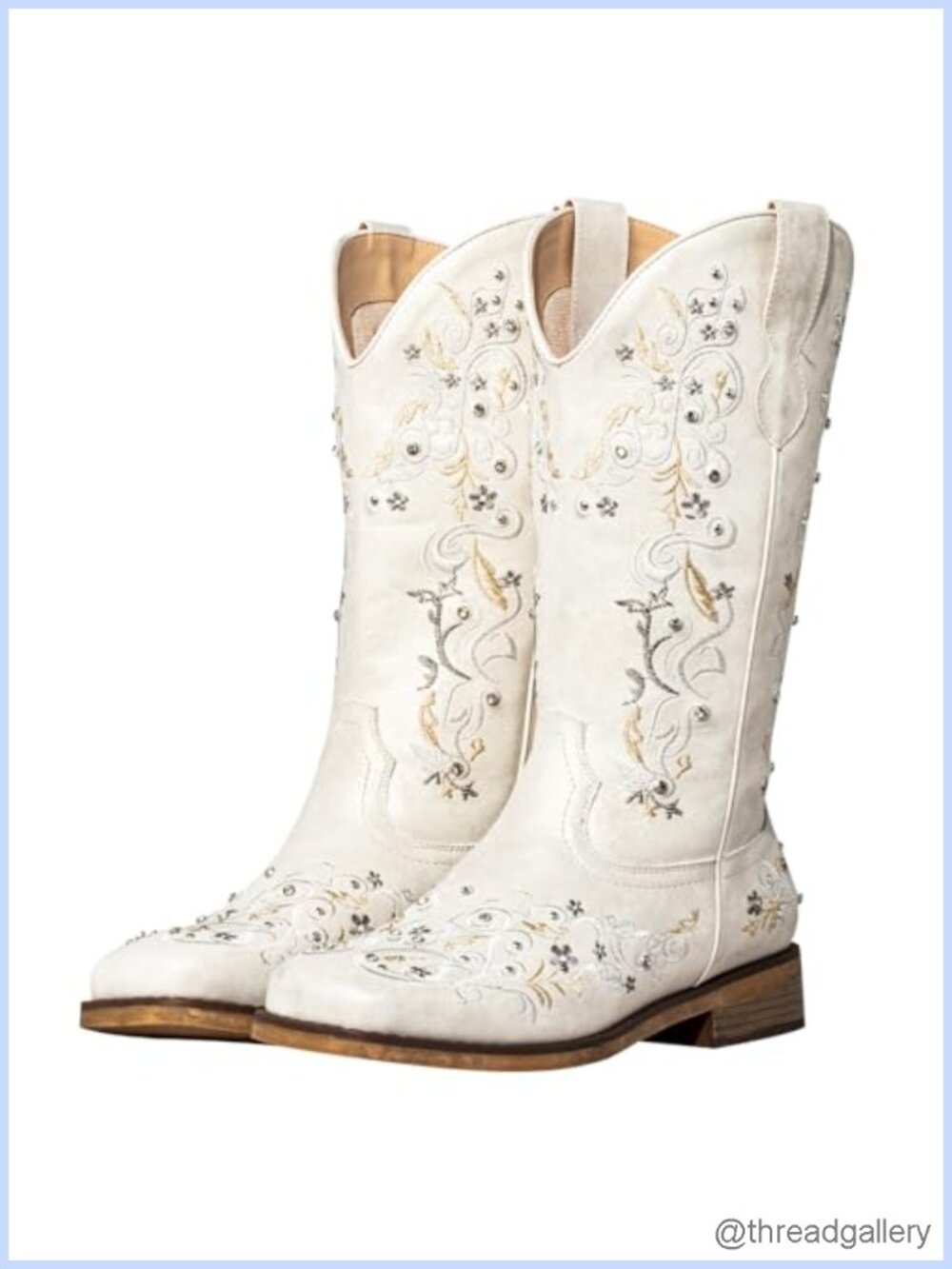 Wide Calf Cowboy Boots Faux Leather Floral Embroidered Rhinestone Mid-Calf
